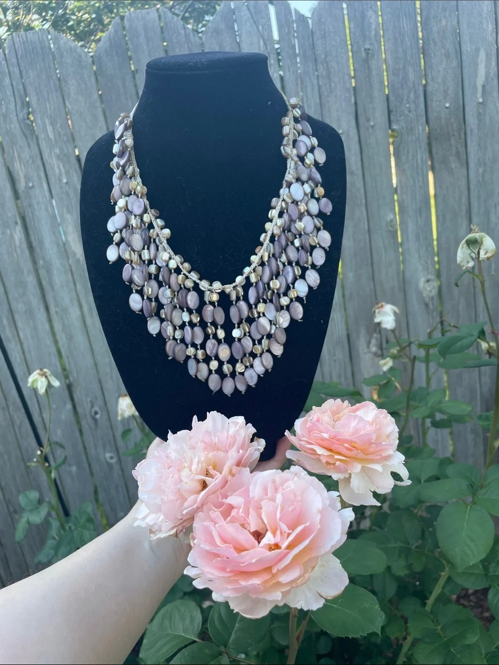 Mother of Pearl Bib Necklace purple and natural color
